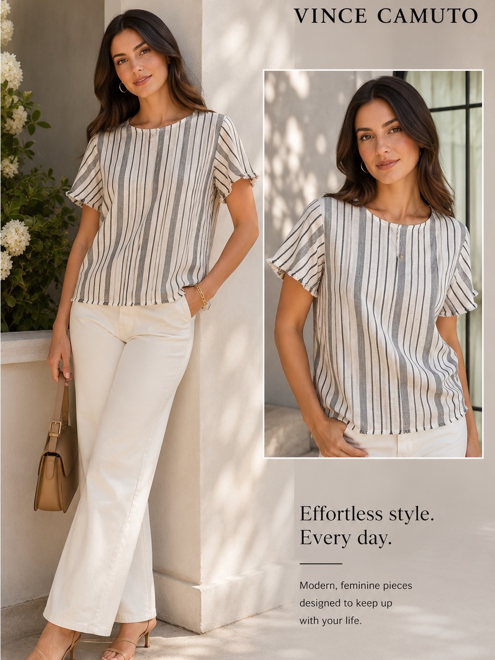 Vince Camuto Vertical Stripe Short-Sleeve Blouse in Cream and Black Size Medium